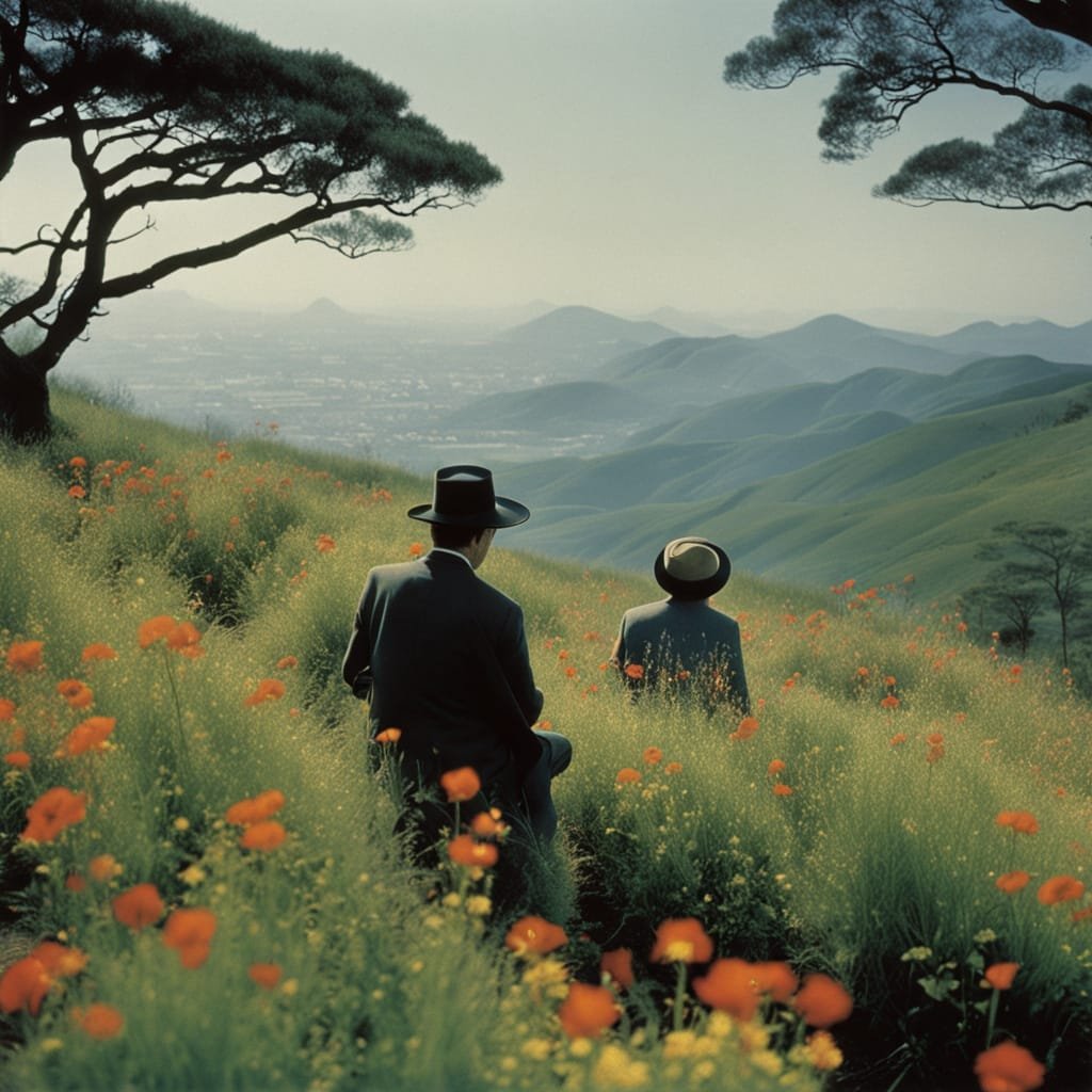 A hillside covered in a vibrant mix of wildflowers, with butterflies fluttering above. A small bench is placed at the top, offering a perfect spot to enjoy the view. backyard landscaping