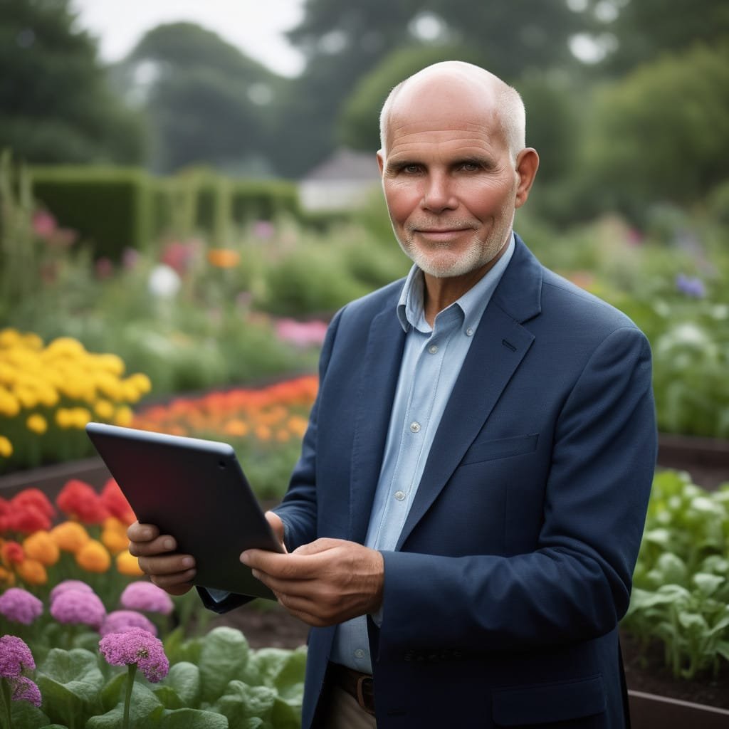 A gardener using an AI-powered tablet displaying weather predictions and soil analysis. A small backyard garden with visible flower beds and vegetable rows in the background. A clean and modern design.