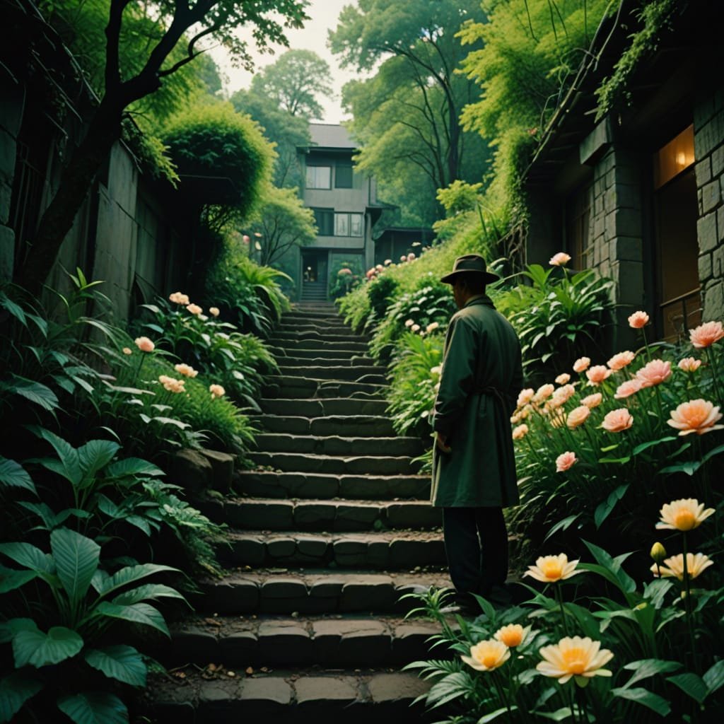 A sloped backyard with multiple terraced levels, each filled with vibrant flowers and lush greenery. A small stone staircase connects the levels, with a person tending to the plants