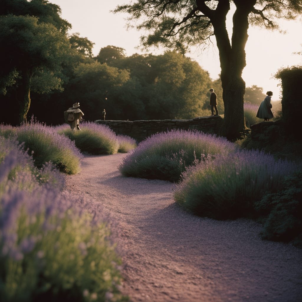 A winding gravel pathway cutting through a sloped backyard, lined with lavender and small shrubs. Solar-powered lights illuminate the path at dusk.