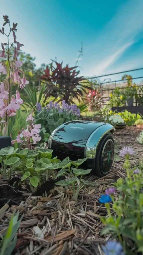 A backyard garden with an AI-powered robot tending to plants, pulling weeds, and navigating carefully around flowers. The robot looks sleek and futuristic, in a lush, vibrant garden setting. Clear blue sky.