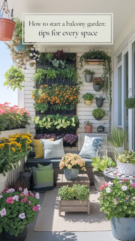 Create an eye-catching pin featuring a beautifully organized balcony garden with lush greenery, colorful flowering plants, and vertical plant arrangements. Include elements like cozy seating, hanging pots, and small herb planters. Use bold text: 'How to Start a Balcony Garden: Tips for Every Space.' Highlight a clean, sunny vibe that showcases the transformation of a small space into a green oasis