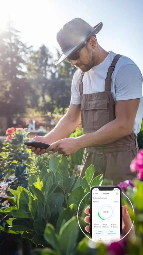 A gardener using a mobile app to detect plant health issues, with a close-up view of the phone screen showing plant health diagnosis. The garden has leafy green plants and vibrant flowers. Bright and sunny day.