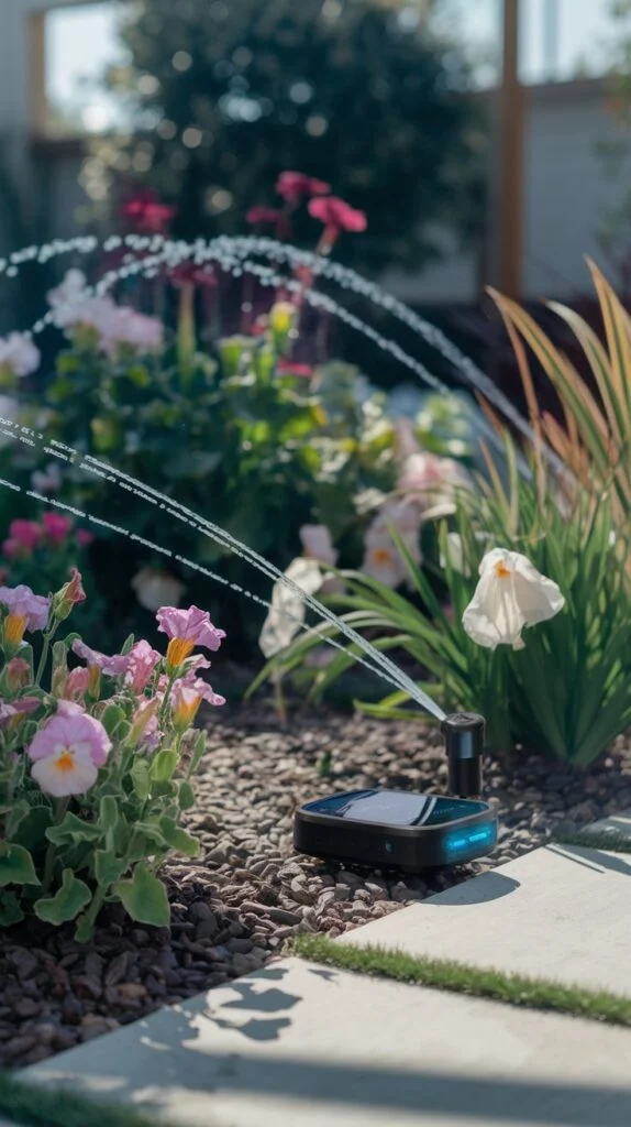 A modern smart irrigation system watering a garden with precise water streams, controlled by an AI system. The setting includes vibrant flowers and plants, with a futuristic device visible. A sunny outdoor environment.