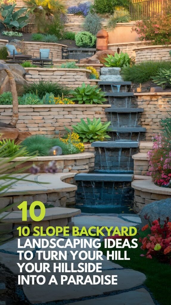 Design a stunning pin showcasing a picturesque terraced hillside backyard with lush greenery, stone pathways, and layered garden beds. Include elements like a cozy seating area, cascading water features, and vibrant flowers. Use bold, inviting text: '10 Slope Backyard Landscaping Ideas to Turn Your Hillside into a Paradise.' Highlight a serene, paradise-like atmosphere with natural textures and warm tones.