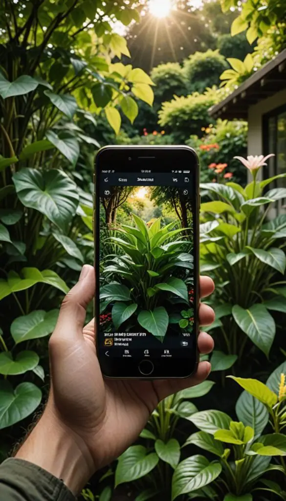 A smartphone app diagnosing plant health, with a gardener holding a phone and a plant in focus. The app interface shows a plant health report. Bright and modern setting, with a green garden in the background.