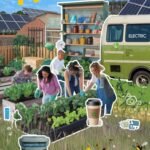 A vibrant, uplifting collage-style illustration featuring a sunny urban community garden with diverse people planting vegetables, solar panels on rooftops, a zero-waste store with jars and cloth bags, a green bus with 'Electric' labeled on the side, and a rewilded meadow with wildflowers and bees. Include subtle elements like a compost bin, reusable coffee cup, and a 'USAGardenHub.com' logo in the corner. Use bright, natural colors (greens, yellows, blues) with a warm, hopeful vibe to emphasize eco-friendly progress.