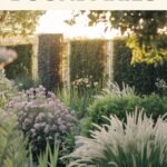 A beautiful garden featuring lush plant boundaries, including hedges, flowering shrubs, and tall ornamental grasses, creating a peaceful and green natural divider. The scene is framed by soft sunlight, and the ambiance is serene and inviting. Overlay bold text reading 'How to Use Plants for Natural Boundaries' in green and white, with subtext 'Eco-Friendly Privacy Your Neighbors Will Love' in smaller font beneath.