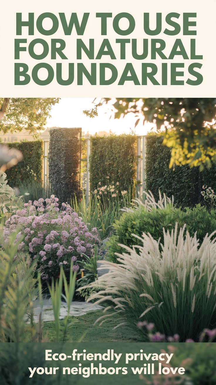 A beautiful garden featuring lush plant boundaries, including hedges, flowering shrubs, and tall ornamental grasses, creating a peaceful and green natural divider. The scene is framed by soft sunlight, and the ambiance is serene and inviting. Overlay bold text reading 'How to Use Plants for Natural Boundaries' in green and white, with subtext 'Eco-Friendly Privacy Your Neighbors Will Love' in smaller font beneath.