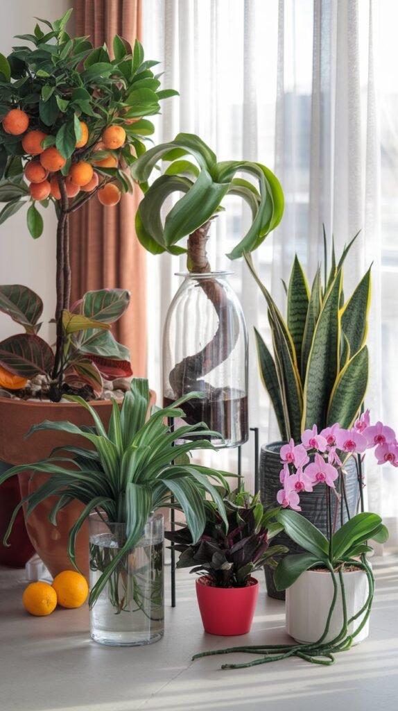 A bright and inviting indoor scene featuring 10 lucky plants known for bringing positivity and good energy, such as a tall Pachira aquatica in a stylish pot, a Dracaena sanderiana curled in a glass vase, a Crassula ovata with its thick, glossy leaves, a blooming Spathiphyllum (Peace Lily), a striking Sansevieria (Snake Plant), a shiny-leafed Ficus elastica, a delicate Orchidaceae in full bloom, a Citrus Tree with vibrant fruits, fresh Ocimum basilicum (Basil), and trailing Epipremnum aureum (Pothos). The setting has natural light filtering through sheer curtains and a zen-like ambiance.