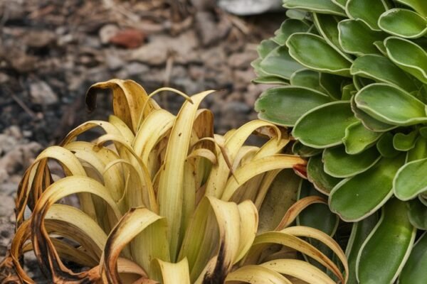 A close-up of a struggling, over-fertilized plant with yellowing leaves and burnt edges in a garden setting. Next to it, a healthy, thriving plant for contrast. A spilled fertilizer bag in the background with a caution symbol. Overlay text: 'STOP Over-Fertilizing! Save Your Garden Now!