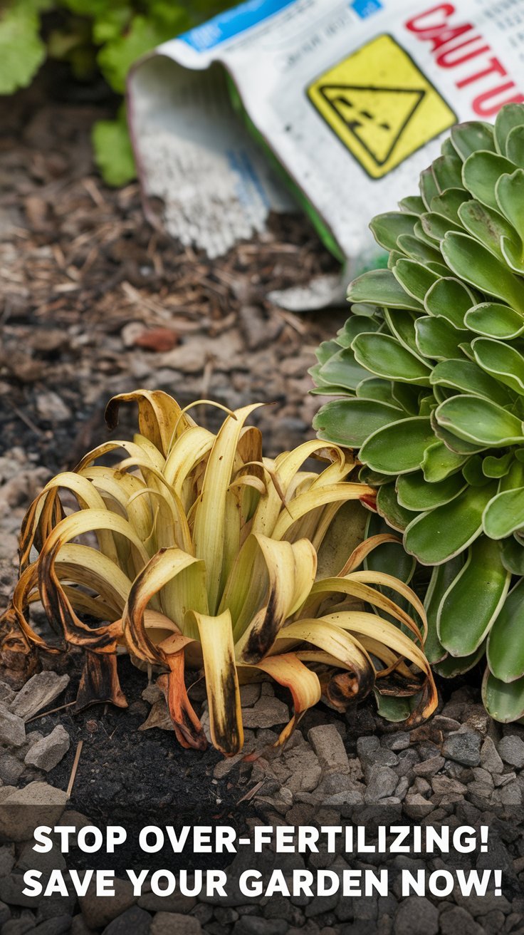 A close-up of a struggling, over-fertilized plant with yellowing leaves and burnt edges in a garden setting. Next to it, a healthy, thriving plant for contrast. A spilled fertilizer bag in the background with a caution symbol. Overlay text: 'STOP Over-Fertilizing! Save Your Garden Now!