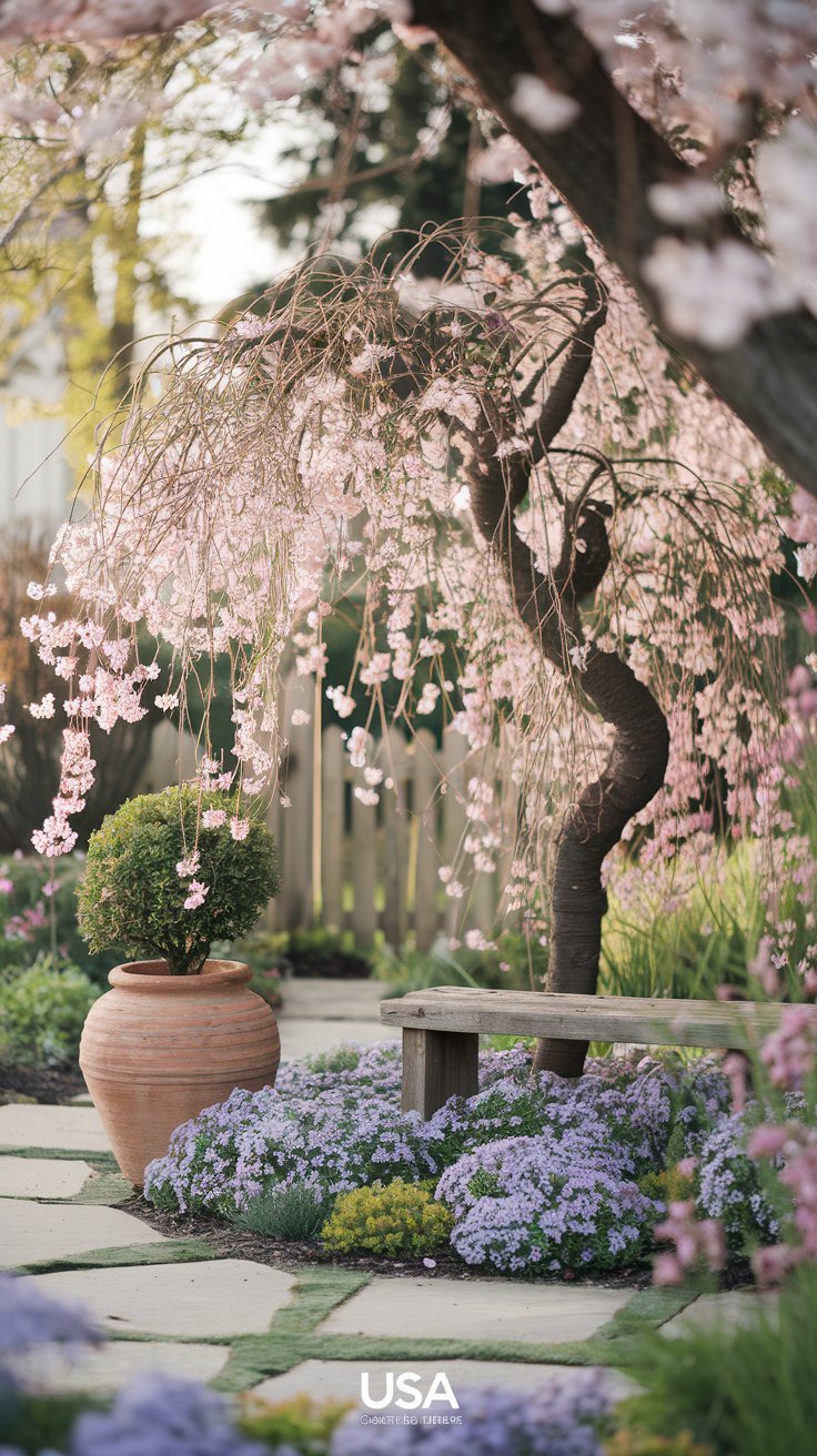 Scene: A cozy cottage-style garden in soft morning light, featuring a dwarf weeping cherry tree (Prunus ‘Snow Fountain’) as the focal point. Its cascading branches drip with pale pink blossoms, framing a rustic wooden bench below. Around the tree, mix in clusters of purple creeping phlox and golden creeping thyme for ground cover. Add a vintage terracotta pot with a Hiromi dwarf weeping cherry sapling to the left, and a small stone pathway leading toward a charming picket fence in the background. Include a subtle USA Garden Hub logo (bottom right corner) in a warm, earthy tone. Style: Bright, inviting, and slightly whimsical. Use warm, saturated colors (soft pinks, greens, and blues) with a shallow depth of field to highlight the tree’s delicate blooms. Mood: Tranquil, enchanting, and achievable—perfect for inspiring small-space gardeners!