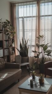 Create an image of a cozy, dimly lit living room with a large window partially covered by sheer curtains, allowing soft, diffused light to enter. In the room, several low-light plants are thriving: a tall snake plant in a corner, a ZZ plant on a side table, a peace lily on a bookshelf, and a cast iron plant near the window. The plants are healthy and lush, with their leaves casting gentle shadows on the walls and furniture. The overall atmosphere is calm and inviting, showcasing the beauty of low-light gardening.