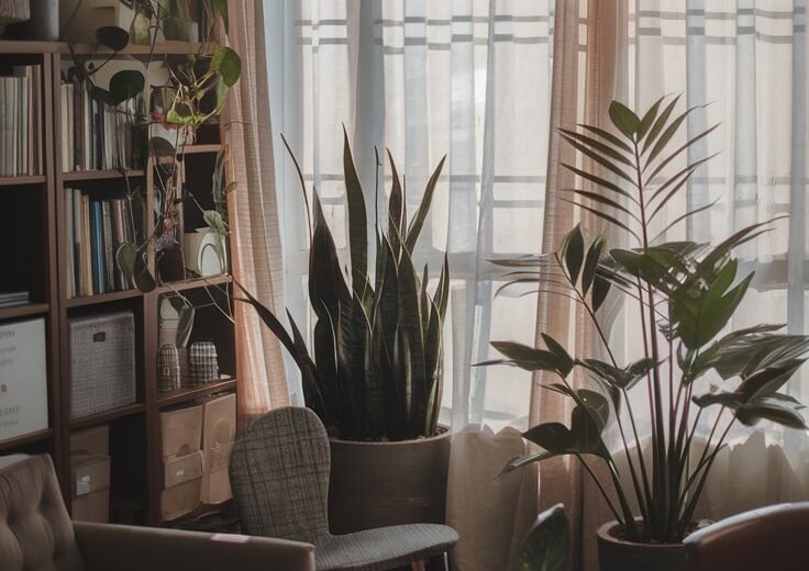 Create an image of a cozy, dimly lit living room with a large window partially covered by sheer curtains, allowing soft, diffused light to enter. In the room, several low-light plants are thriving: a tall snake plant in a corner, a ZZ plant on a side table, a peace lily on a bookshelf, and a cast iron plant near the window. The plants are healthy and lush, with their leaves casting gentle shadows on the walls and furniture. The overall atmosphere is calm and inviting, showcasing the beauty of low-light gardening.