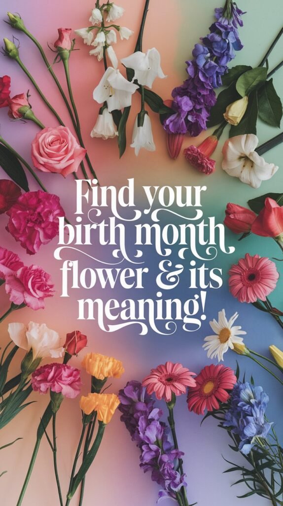 Elegant floral-themed design showcasing a variety of vibrant birth month flowers arranged in a circular pattern by month. Include roses, lilies, carnations, and daisies. Add soft pastel gradients in the background. Use text overlay with 'Find Your Birth Month Flower & Its Meaning!' in a whimsical, elegant font style.