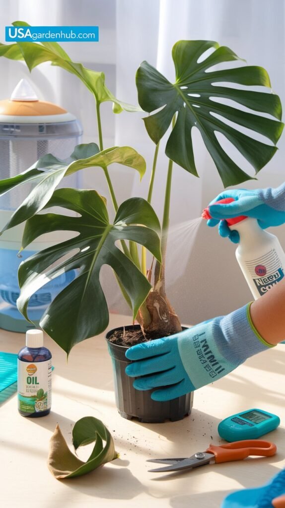 A close-up of healthy, glossy Monstera leaves with iconic splits, contrasted with a curled, distressed leaf in the foreground. Include hands in gardening gloves repotting a Monstera into fresh soil, a spray bottle misting nearby, and a humidifier in the background. Add tools: neem oil bottle, moisture meter, and shears. Style: Bright, hopeful tones with soft shadows and a ‘before vs. after’ vibe. Include the USAGardenHub.com logo in the corner.