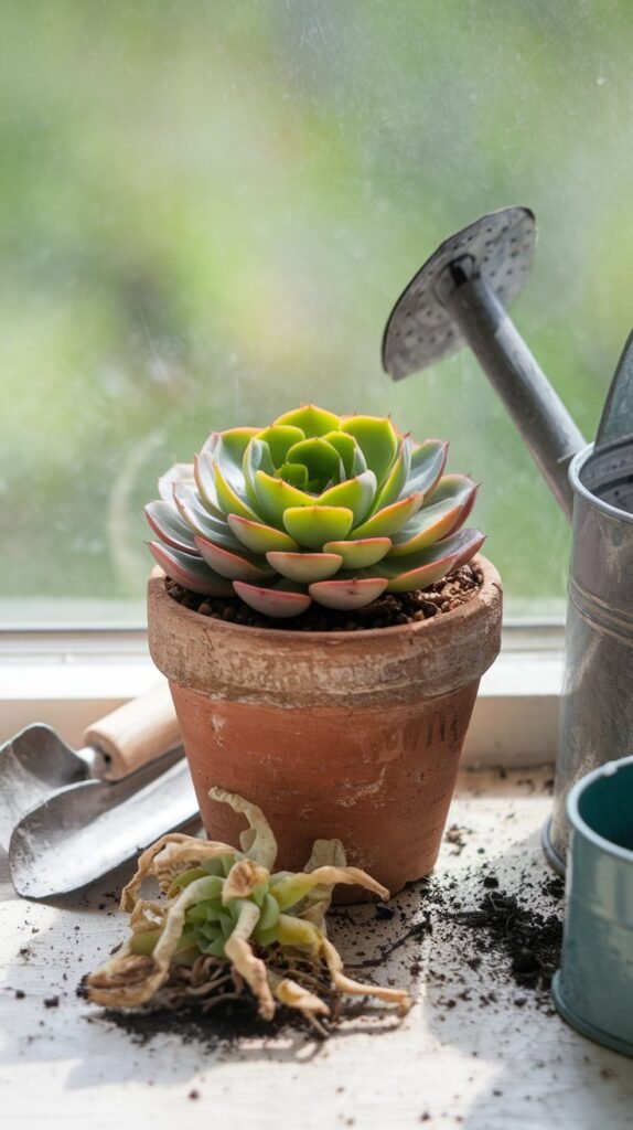 A photo of a healthy, vibrant succulent (like an Echeveria) with a rosette of glossy, light green leaves and a pinkish hue. The succulent is growing in a rustic terra cotta pot with well-draining soil, and it is placed on a sunny windowsill. In the foreground, there is a wilted, overwatered succulent with yellowing leaves for contrast. Near the plants, there are gardening tools like a small trowel and a watering can. The background is a blurred green scene. The photo has a soft natural light.