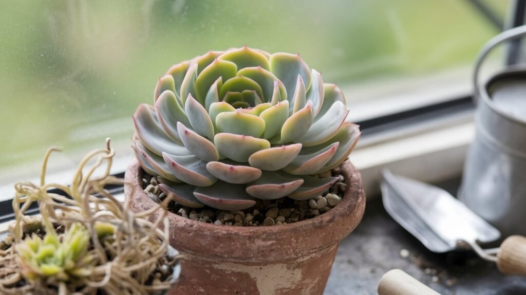 A photo of a healthy, vibrant succulent (like an Echeveria) with a rosette of glossy, light green leaves and a pinkish hue. The succulent is growing in a rustic terra cotta pot with well-draining soil, and it is placed on a sunny windowsill. In the foreground, there is a wilted, overwatered succulent with yellowing leaves for contrast. Near the plants, there are gardening tools like a small trowel and a watering can. The background is a blurred green scene. The photo has a soft natural light.