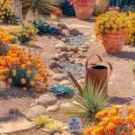 A vibrant, sun-drenched garden scene with a bright, warm color palette. The garden is filled with drought-tolerant flowers like fiery Gaillardia, spiky Red Yucca blooms, and cascading Portulaca in terracotta pots. There's a dry creek bed with decorative gravel, a rusty watering can (empty!), and a smiling person in a sunhat lounging in a hammock. There are subtle elements like buzzing bees, the USAGardenHub.com logo, and a small ‘No Water Needed’ sign. The style has textured brushstrokes and a mix of realistic and whimsical details.