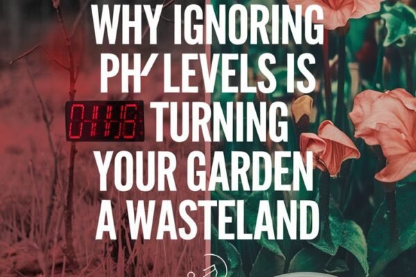 Design a compelling Pinterest pin image with a split-screen concept. On one side, show a barren, withered garden with dry, unhealthy plants and a visible pH meter displaying extreme (red) values. On the other side, illustrate a vibrant, thriving garden with lush green foliage and blooming flowers, accompanied by a pH meter showing balanced (green) values. Overlay bold text: 'Why Ignoring pH Levels Is Turning Your Garden Into a Wasteland' in striking fonts. Use a dramatic color palette with reds, browns, and contrasting greens to emphasize the difference, and add subtle icons or arrows to highlight the transformation.