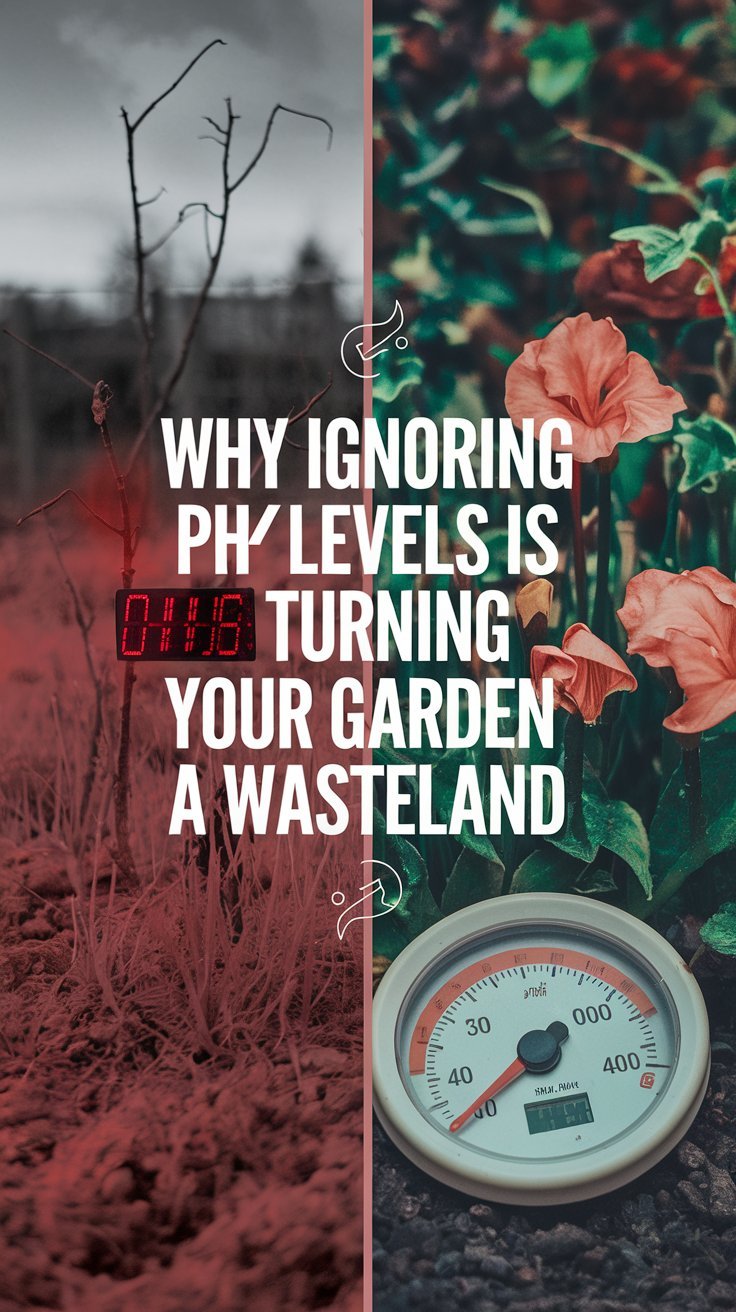 Design a compelling Pinterest pin image with a split-screen concept. On one side, show a barren, withered garden with dry, unhealthy plants and a visible pH meter displaying extreme (red) values. On the other side, illustrate a vibrant, thriving garden with lush green foliage and blooming flowers, accompanied by a pH meter showing balanced (green) values. Overlay bold text: 'Why Ignoring pH Levels Is Turning Your Garden Into a Wasteland' in striking fonts. Use a dramatic color palette with reds, browns, and contrasting greens to emphasize the difference, and add subtle icons or arrows to highlight the transformation.