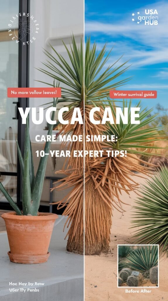 Create a vibrant split-screen image showcasing a healthy yucca cane thriving in two settings: indoors (modern living room with a terracotta pot, watering can, and sunlit window) and outdoors (sandy desert garden under blue skies). Overlay bold text like “Yucca Cane Care Made Simple: 10-Year Expert Tips!” with callouts such as “No More Yellow Leaves!” and “Winter Survival Guide,” using earthy tones (sage, terracotta) and clean fonts for readability. Add subtle branding (USA Garden Hub) and a small “before/after” inset showing revived vs. unhealthy plants to highlight solutions—perfect for Pinterest’s visual, problem-solving audience.