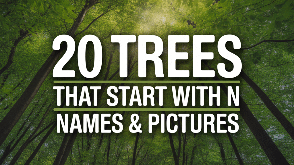 Create a Pinterest pin image for the article "20 Trees That Start With N". Use a vertical layout with bold, high-contrast text as the main focus. Show a mix of trees with lush green canopies and sunlight filtering through leaves, giving a natural and bright background. Add stylish text overlays: “20 Trees That Start With N” (main, large, bold) “Names & Pictures” (subtext) Use white or yellow text over a slightly blurred green forest background to make it pop. Keep the design clean, modern, and easy to read, ideal for Pinterest gardening audiences.