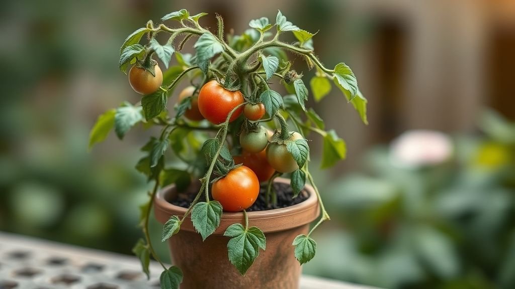 10 Container Gardening Mistakes and How I Avoid Them 3 Small pot with overgrown tomato plant struggling, realistic photography.