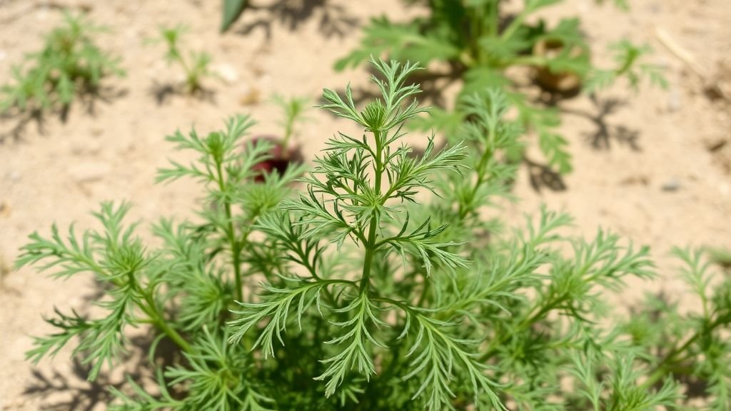 Dill – Dill plant with feathery foliage in sandy soil, bright daylight.