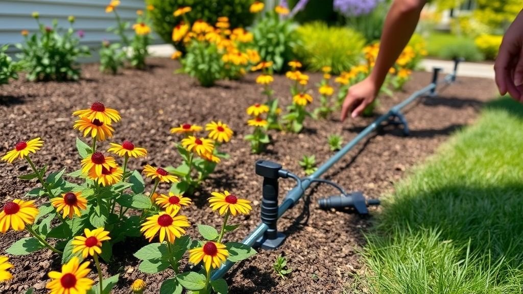 Front Yard Landscaping Ideas for Low Maintenance & Low Water Use 5 A front yard garden bed with black-eyed Susan and a drip irrigation line. Show a gardener adjusting emitters, with mulch and a sunny summer setting.