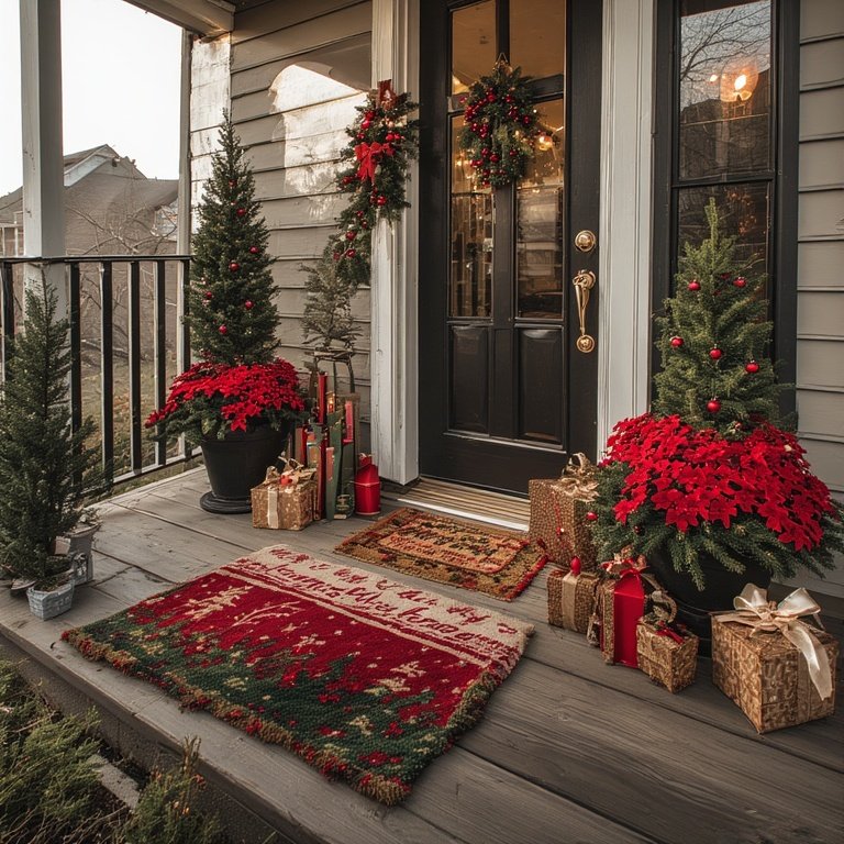 20 Christmas Balcony Decoration Ideas to Create a Festive Escape 14 Use a Holiday Doormat: Start the celebration right at your door with a festive mat. It’s a small detail that ties the whole space together.