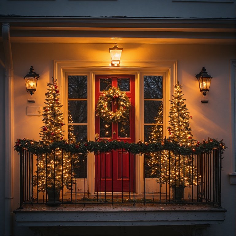 20 Christmas Balcony Decoration Ideas to Create a Festive Escape 22 Focus on the Door: Your balcony door is the centerpiece. Frame it with two small, decorated trees or lighted topiaries to create a grand entrance.
