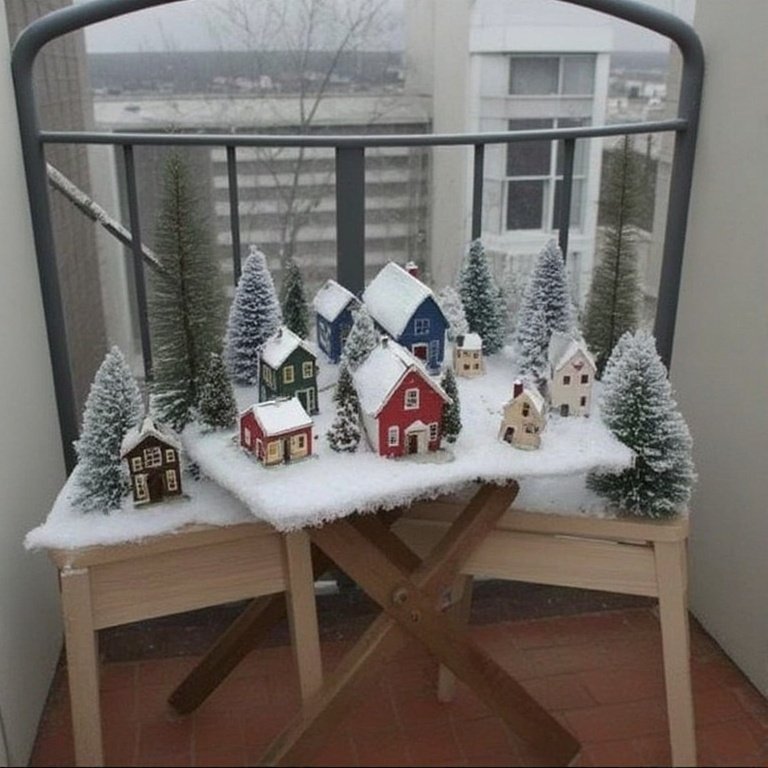 20 Christmas Balcony Decoration Ideas to Create a Festive Escape 11 Craft a Mini Village: Use a small table or stool as a stage for a miniature Christmas village. A little fake snow and a few tiny houses create a charming scene.