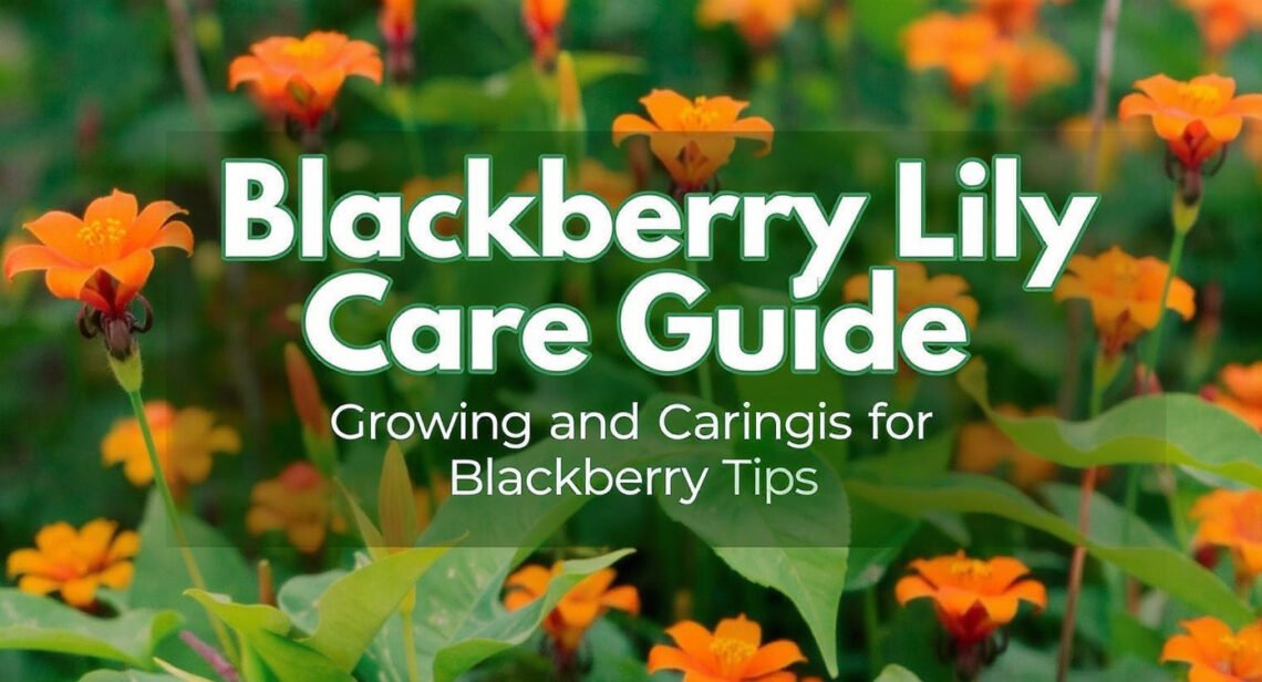 Create a Pinterest pin image for the article "Belamcanda Chinensis: Growing and Caring for Blackberry Lily". Use a vertical layout with big, high-contrast text as the main focus. Show vivid blackberry lily flowers (orange blooms with dark seed pods) in a garden setting, with lush green leaves and soft natural lighting. Add stylish text overlays: “Blackberry Lily Care Guide” (main, large, bold) “Belamcanda Chinensis Growing Tips” (subtext) Use bright white or yellow text against a slightly muted floral background so the text stands out. Keep the design clean, modern, and visually appealing for Pinterest gardeners.