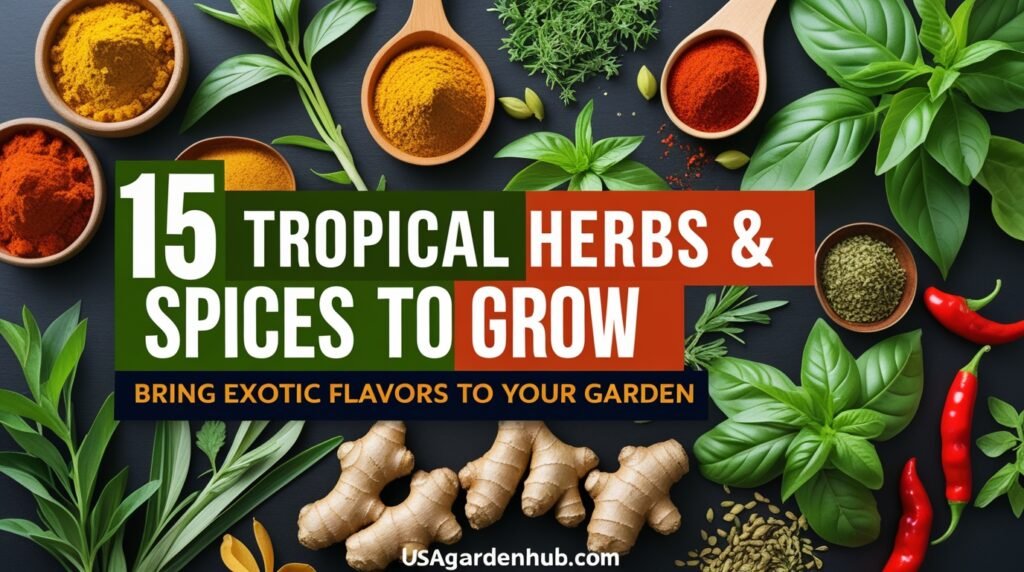 15 Tropical Herbs and Spices to Grow in Your Garden 2 Design a bright, high-contrast Pinterest pin for the blog post titled “15 Tropical Herbs and Spices to Grow in Your Garden.” Design details: Layout: Vertical (1000×1500 px), clean and optimized for mobile viewing. Headline: Bold uppercase text — “15 TROPICAL HERBS & SPICES TO GROW.” Add a smaller subline: “Bring Exotic Flavors to Your Garden.” Font style: Modern sans-serif with thick strokes for the main title; lighter font for the subline. Background: Flat-lay or collage of tropical herbs and spices — ginger, turmeric, lemongrass, basil, cardamom, and chili peppers. Color scheme: Vibrant greens, deep reds, and earthy yellows to evoke warmth and freshness. Overlay: Slight transparent beige or dark green gradient for text clarity. Accent element: Small herb leaf or spice pod graphic beside the headline. Branding: “usagardenhub.com” placed subtly at the bottom. Mood: Warm, lush, and flavorful — meant to inspire home gardeners to grow tropical plants.