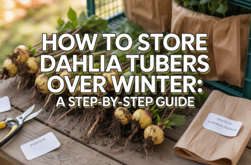 How to Store Dahlia Tubers Over Winter: A Step-by-Step Guide 18 Create a Pinterest pin image in a 2:3 vertical aspect ratio featuring the title **“How to Store Dahlia Tubers Over Winter: A Step-by-Step Guide”** in bold, clear text with a white or light yellow outline for strong contrast. Use a realistic photo background of freshly dug dahlia tubers laid on a wooden surface with labels, pruning shears, paper bags, and storage crates nearby. Show soft natural lighting with warm tones that suggest late fall. Keep colors earthy with browns and muted greens. The image should look clean, practical, and focused on proper winter storage.