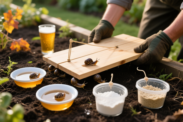 Garden scene with simple slug traps. Flat wooden boards on soil with slugs hiding underneath. A gardener lifting a board in the morning. Shallow dishes filled with beer placed around garden beds with a few slugs inside. Extra beer traps set during wet fall weather. Small containers holding a homemade yeast mix made from water, sugar, flour, and yeast. Natural lighting and close up details.