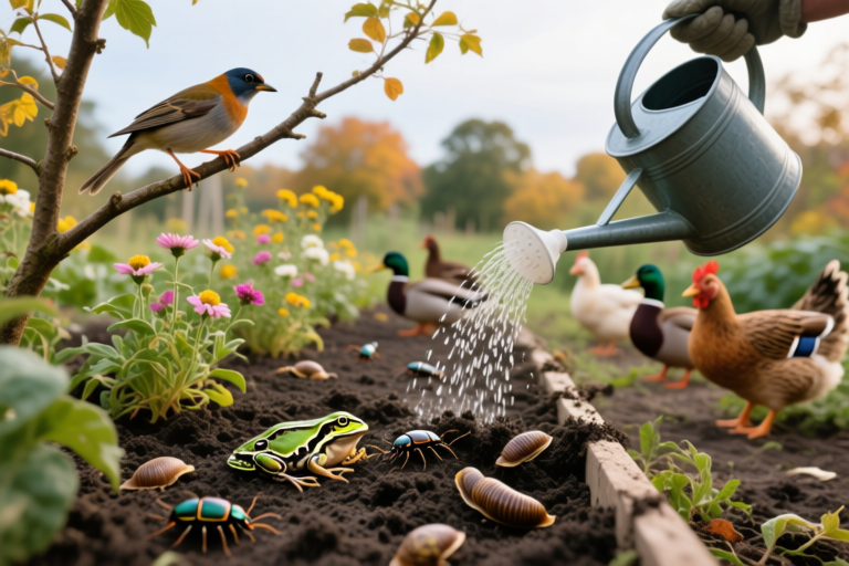 Organic garden with wildlife predators present. Birds on branches, frogs near moist soil, and ground beetles moving through garden beds. Flowering plants arranged to attract beneficial insects. No pesticide use shown. Small flock of ducks or chickens foraging and eating slugs. Close up of soil being treated with beneficial nematodes using a watering can. Cool fall atmosphere with soft natural light.