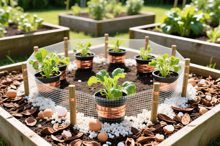 Organic garden showing multiple slug barriers. Diatomaceous earth spread in a ring around plants. Copper tape wrapped around pots and raised beds. Rough mulches like crushed eggshells and cocoa shells placed on soil. Small mesh screens sunk into the ground forming a 4 inch fence around a vegetable patch. Bright daylight, close up details, clean layout.